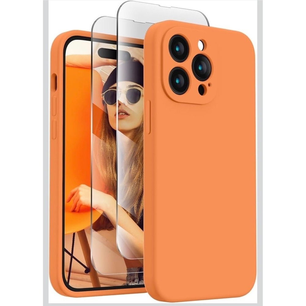 iPhone 14 Pro Max Silicone Case 6.7" +  2 Screen Protectors - Kumquat Orange